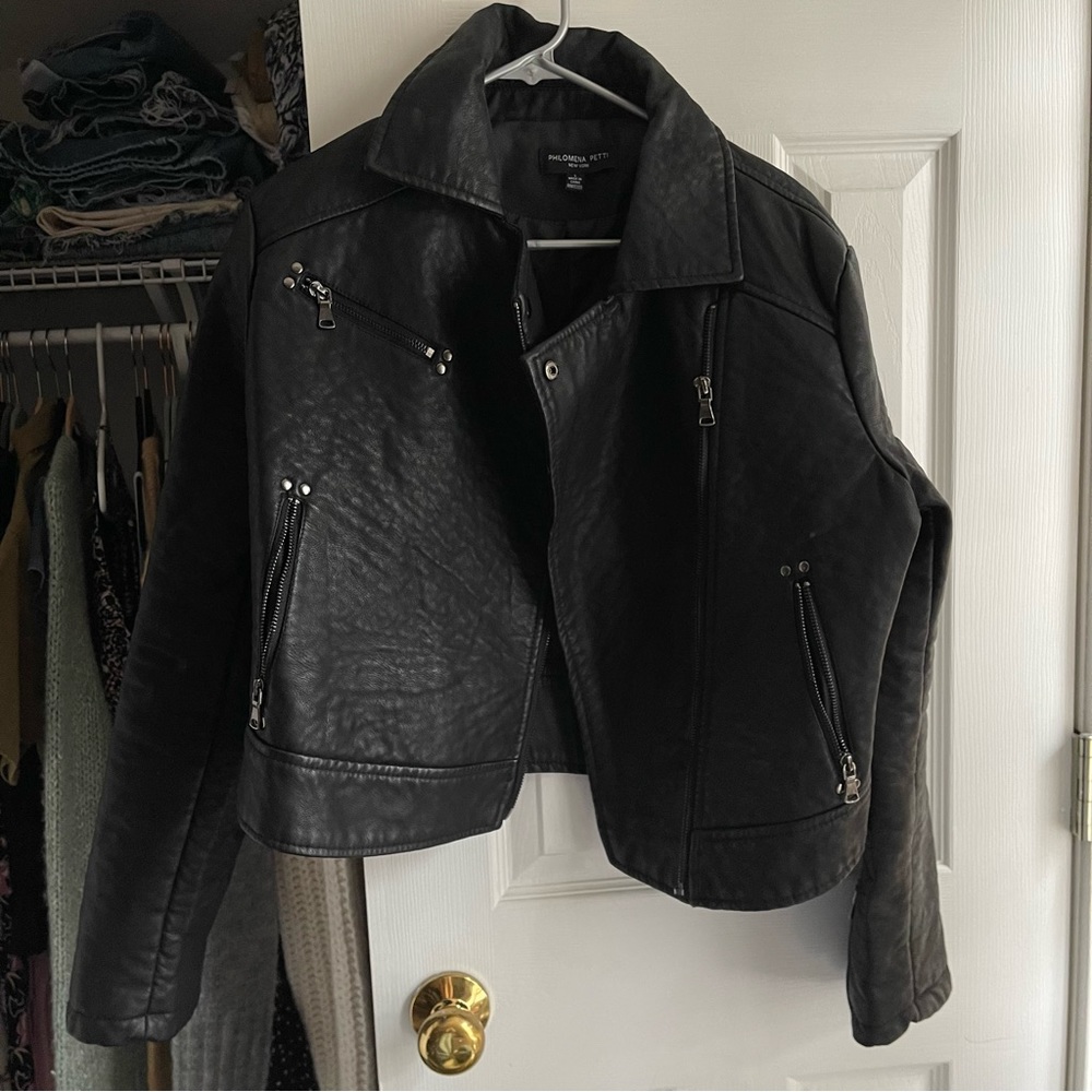 philomena petti black pebbled leather moto jacket